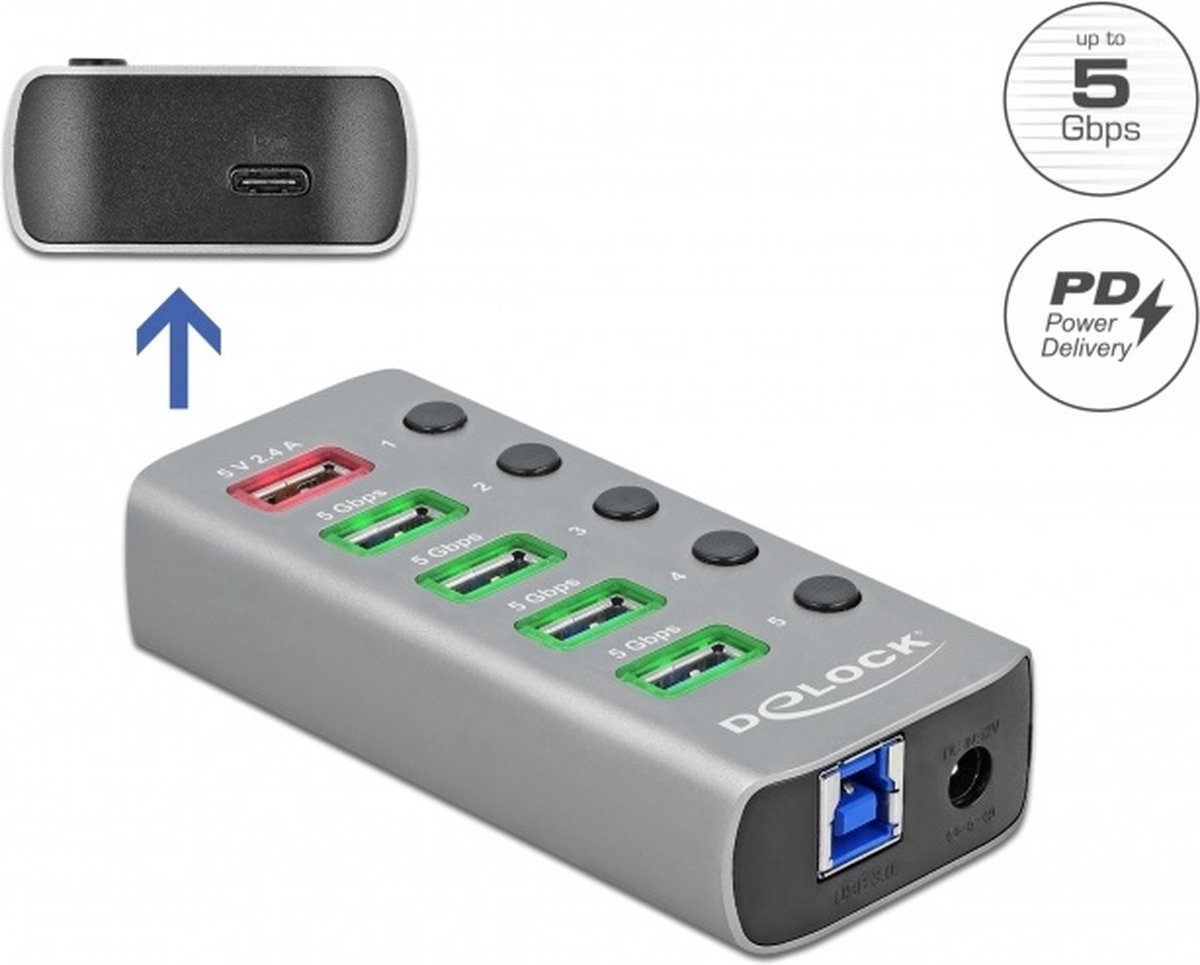 Delock 63263 USB-Hub 4 Port USB-A USB 3.1 Gen1 5 GBit/s Grau 63263