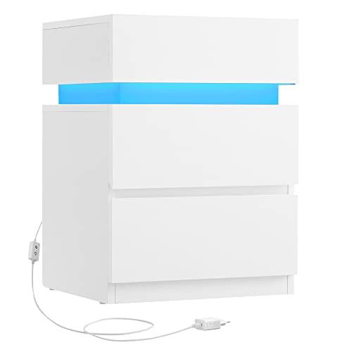 VASAGLE Nachttisch mit LED-Beleuchtung, Beistelltisch, einstellbare Farben, Sofatisch 3 Schubladen, Nachtschrank Schlafzimmer, modern, 35 x 40 x 55 cm, weiß LET630T10