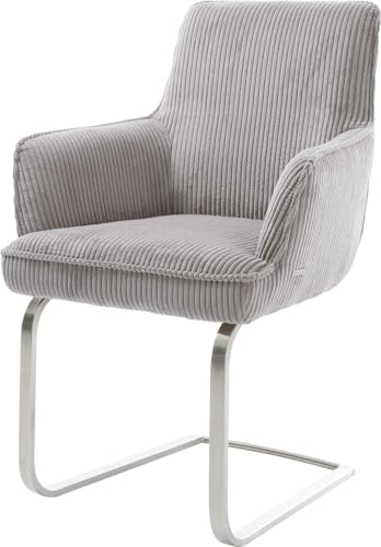 DELIFE Schwingstuhl Heira-Flex mit Armlehnen Freischwinger flach Edelstahl Cord Silbergrau Taschenfederkern