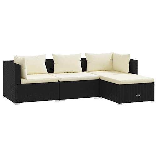 vidaXL Gartenmöbel 4-TLG. mit Kissen Mittelsofa Ecksofa Fußhocker Sitzgruppe Sofa Lounge Garten Garnitur Gartensofa Gartenset Poly Rattan Schwarz