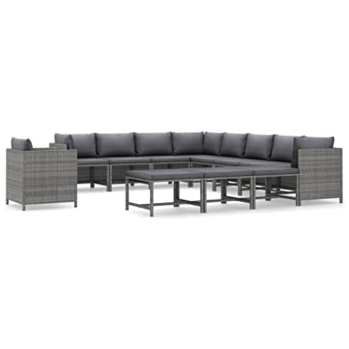 vidaXL Gartenmöbel 12-TLG. mit Kissen Garten Garnitur Sitzgruppe Sofa Lounge Sitzgarnitur Gartenset Gartensofa Mittelsofa Ecksofa Poly Rattan Grau