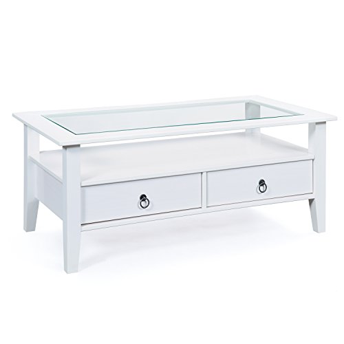 Inter Link - Couchtisch - Massivholztisch - Wohnzimmertisch - Sofatisch - Kiefer Massiv - mit Glasplatte - 2 weiß gebeizten Schubladen - 115 x 60 x 45 cm - Provence 7