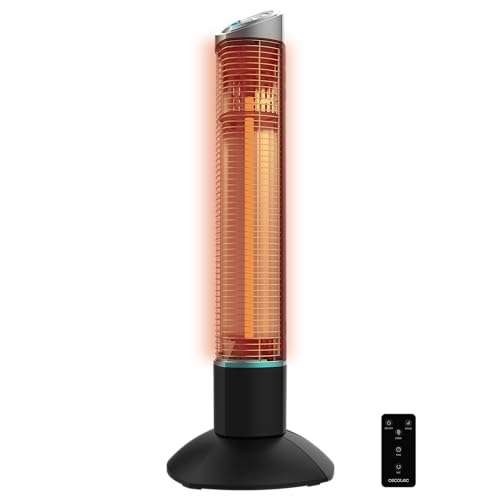 Cecotec Elektrischer Außenheizlüfter in Turmform ReadyWarm 1000 Power Tower, 1000 W mit 2 Leistungsstufen, Halogen-Technologie, Oszillation, Schutzart IP55, Timer und Fernbedienung