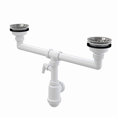 Siphon für Doppelspülbecken mit Anschluss an Spülmaschine oder Waschmaschie Rostfreies Gitter DN 115 Universal Anschluss DN40/50 Ablaufgarnitur Ablauf Doppelbecken Spüle