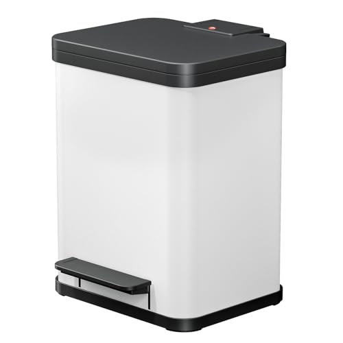 Hailo Öko duo Plus M Tret-Mülltrenner - freistehender 2 x 9 Liter Doppelmülleimer aus Stahlblech - Mülltrennsystem mit soft close Deckel - 2-fach Abfalltrenner für die Küche - Weiß