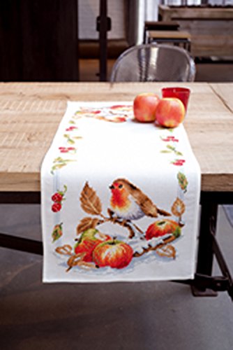 VERVACO Stickpackung Tischläufer Zählmusterpackung Kreuzstich Rotkehlchen mit Äpfeln Stickläufer zum Selbersticken Stickset Weihnachten Kreativ Set für Erwachsene 32 x 84 cm Kreatives Geschenk