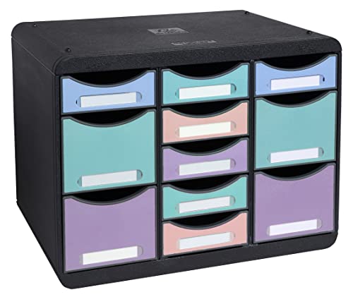 Exacompta 3132796D Ablagebox Aquarell aus Recycling-Kunststoff mit 11 individuell platzierbaren Schubladen. Belastbare Schubladenbox im Querformat für mehr Ordnung. Store Box Multi Blauer Engel