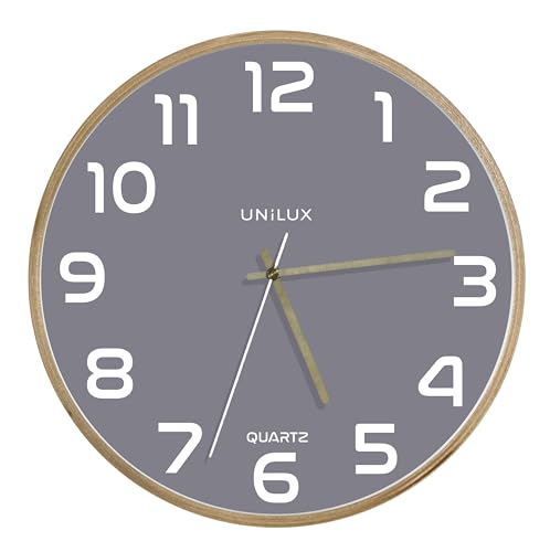 Unilux Moderne Holzrahmen Wanduhr BALTIC, Graues Ziffernblatt 31cm, Ohne Ticken