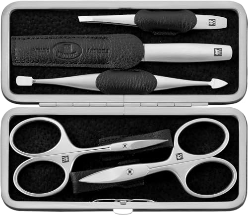 ZWILLING Maniküreset (5 Teilig, Echt Leder Etui, Metallrahmen, mit Nagelschere und Hautschere), Premium, Schwarz