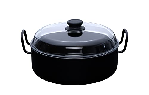 Riess, 0458-022, Omas Schmorpfanne mit Glasdeckel, Classic Schwarzemaille, 7.5cm hoch, 24cm Durchmesser, Induktion, Backofen bis 220 Grad