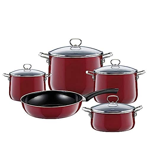 Riess Nouvelle Kochset 5-teilig aus Emaille in der Farbe Rosso mit Deckeln, Maße: 16cm bis 24cm, 0558-008