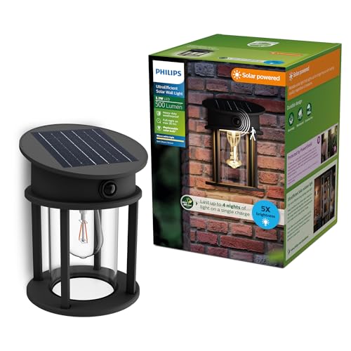 Philips Geri UltraEfficient Solar-Wandleuchte für den Außenbereich, rund, austauschbare Solarlampe, Bewegungssensor, 2700K warmweißes Licht, Schwarz