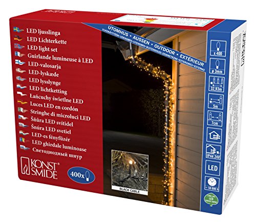 Konstsmide 3644-800 Micro LED Lichterkette / für Außen (IP44) / VDE geprüft / 24V Außentrafo / 400 bernsteinfarbene Dioden / schwarzes Kabel, 400 LEDs, Bernstein