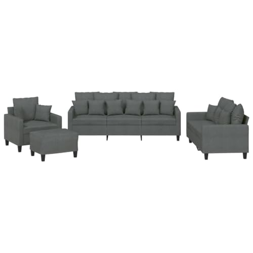 vidaXL Sofagarnitur 4-TLG., Sessel Couch mit Kissen Fußhocker, Sofa Wohnzimmersofa mit Armlehnen, Couchgarnitur Designsofa Sitzmöbel Polstermöbel, Dunkelgrau Stoff