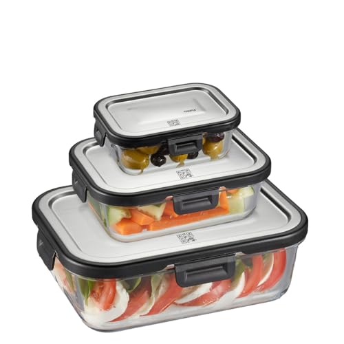 GEFU Frischhaltedosen aus Glas mit Deckel MILO, klickbar & aus Edelstahl 3er Set | Ideal als Meal Prep- oder Aufbewahrungsbox geeignet