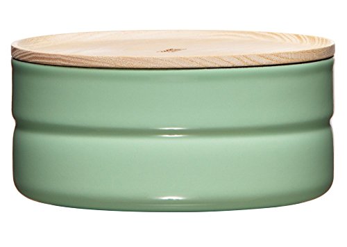 Riess, 2173-202, Vorratsdose mit Eschenholzdeckel, Durchmesser 13 cm, Höhe 6 cm, Inhalt 615 ml, SLOW GREEN, KITCHEN-MANAGEMENT, Truehomeware, Emaille