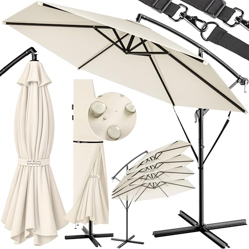 Kingsleeve® Sonnenschirm UV Schutz 80+ Ø 330 cm Groß mit Ständer Schutzhülle Windsicherung Neigbar Rund Kurbel Garten Balkon Ampelschirm Creme