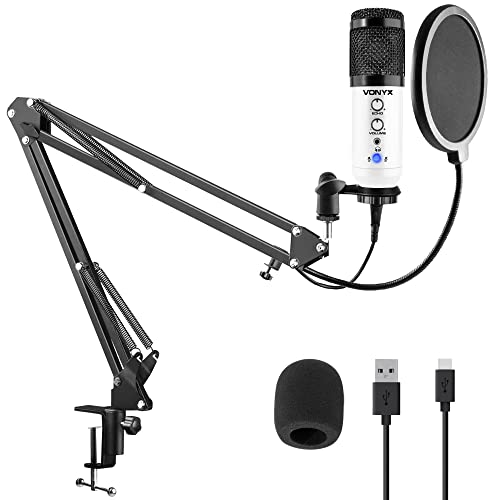 Vonyx CMS320W - Studio Mikrofon mit Halterung, inkl. Pop-Filter mit Schwanenhals, Gaming Mikrofon PC Set, 14kHz, USB Mikrofon, Streaming, Podcast, Aufnahme Mikrofon, Weiß