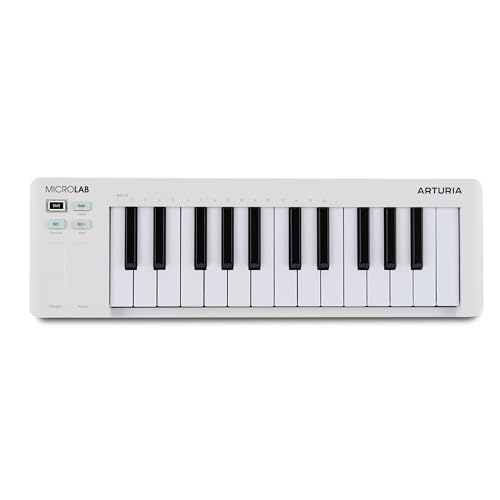 Arturia MicroLab mk3 – kompaktes, anschlagsdynamisches MIDI-Controller-Keyboard mit 25 Tasten, Dual Touch Strips, Akkordmodus, Sustain-Pedal-Input - Weiß