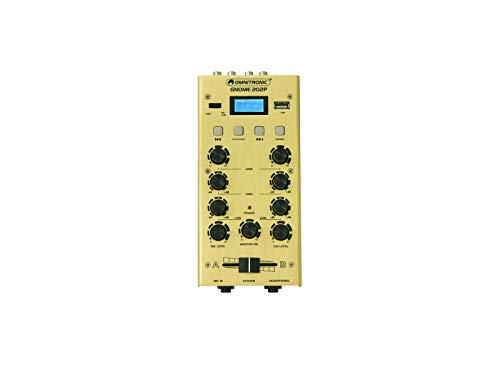 OMNITRONIC GNOME-202P Mini-Mixer gold | 2-Kanal-DJ-Mixer mit Bluetooth und MP3-Player im Miniaturformat | Regelbarer Mikrofoneingang/Kopfhörerausgang über 6,3-mm-Klinke