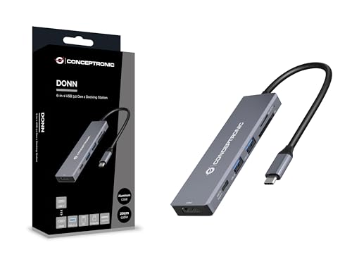 CONCEPTRONIC DONN23G 6-in-1 USB 3.2 Gen 1 Dockingstation, USB 3.0 x 2, 100W USB PD, 4K 60Hz HDMI, SD, TF/MicroSD