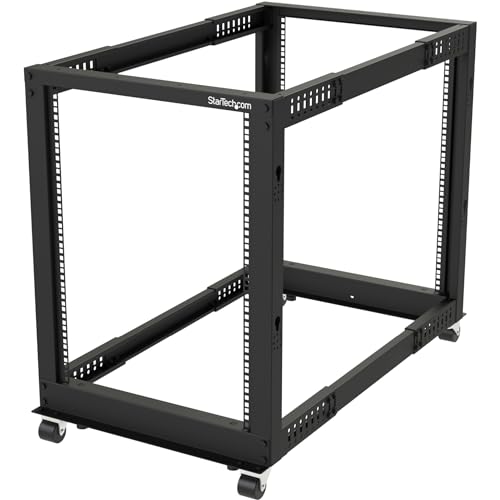 StarTech.com 4-Pfosten 15 HE Mobiles Open Frame Serverrack, 19 Zoll Netzwerk Rack mit Rädern, Rack für Computer/AV/Daten/IT Geräte - Rollen, Nivellierfüße oder Bodenmontage (4POSTRACK15U)