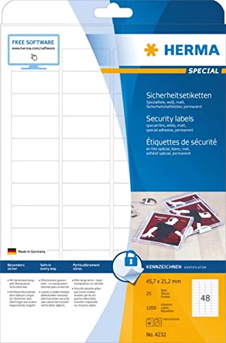 HERMA 4232 Sicherheitsetiketten gegen Manipulation, 25 Blatt, 45,7 x 21,2 mm, 48 pro A4 Bogen, 1200 Stück, selbstklebend, bedruckbar, matt, blanko Klebeetiketten Aufkleber aus Spezialfolie, weiß