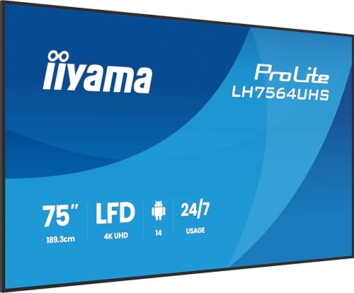 iiyama Prolite LH7564UHS-B1AG 189.5cm 75" Digital Signage Display VA LED Panel 4K UHD HDMI USB-C USB2.0 RS-232c RJ45 Android 14 OS iiSignage² WiFi Mediaplayer 24/7 AntiGlare schwarz
