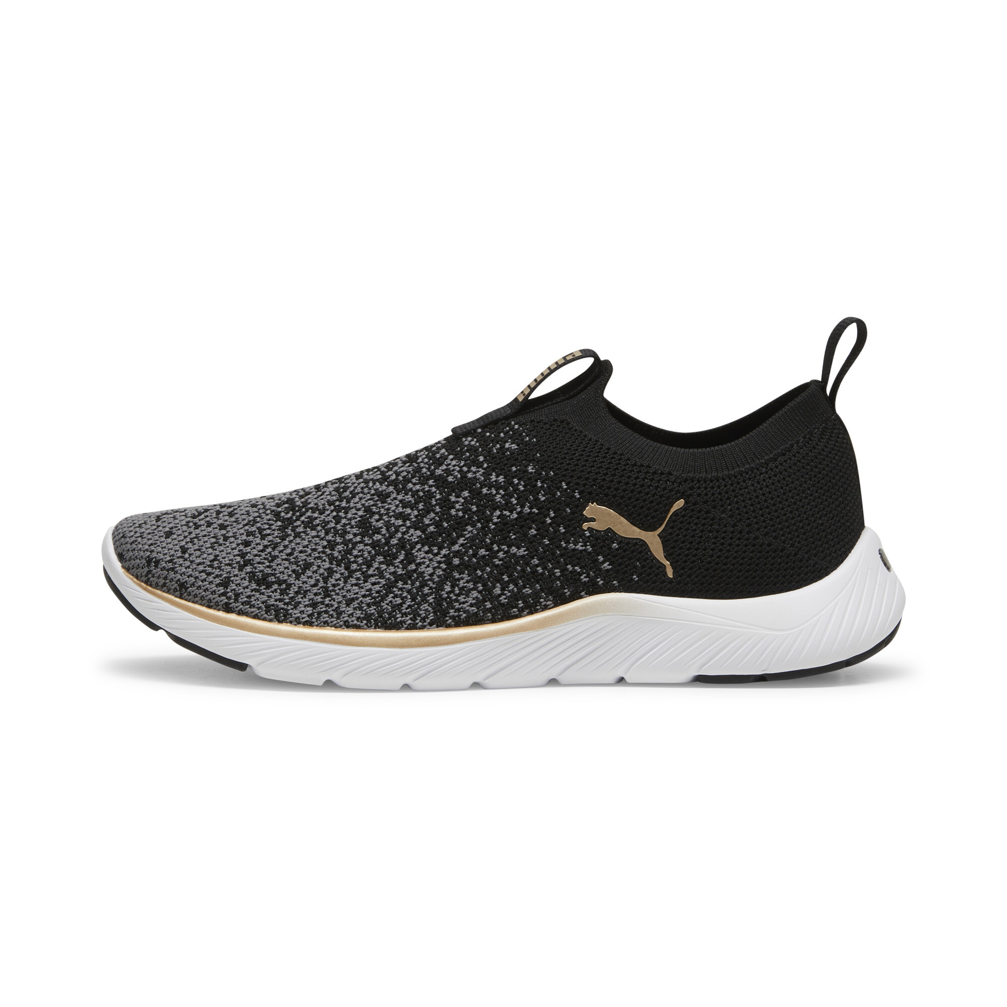 PUMA Softride Premier Slip-On Strick-Laufschuhe Damen, Schuhe, Schwarz/Gold/Cool Dark Grau, 37.5