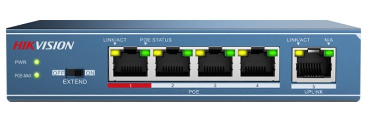 Hikvision DS-3E0105P-E Netzwerk-Switch 4 PoE-Ports, 250 Meter PoE-Reichweite