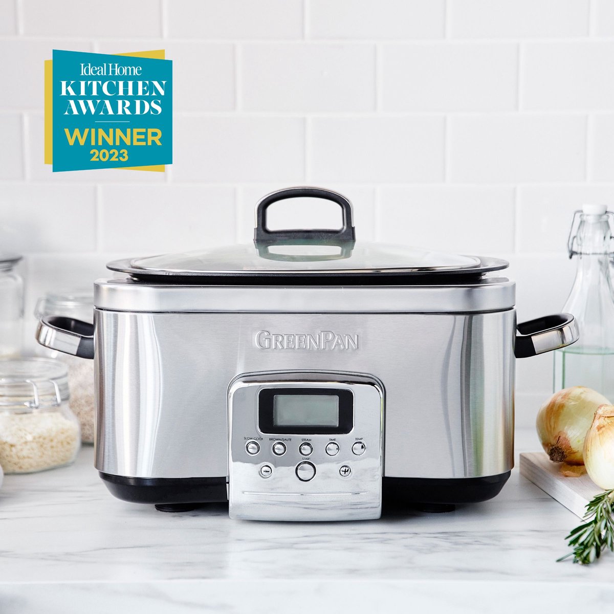 GreenPan Slow Cooker silber | Multicooker | 8 Programme | keramische Antihaftbeschichtung | 1350W | 6L | Dampfeinsatz | gehärteter Glasdeckel