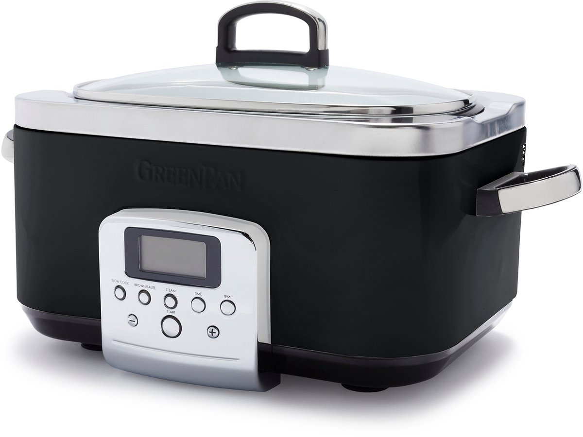 GreenPan Slow Cooker schwarz | Multicooker | 8 Programme | keramische Antihaftbeschichtung | 1350W | 6L | Dampfeinsatz | gehärteter Glasdeckel