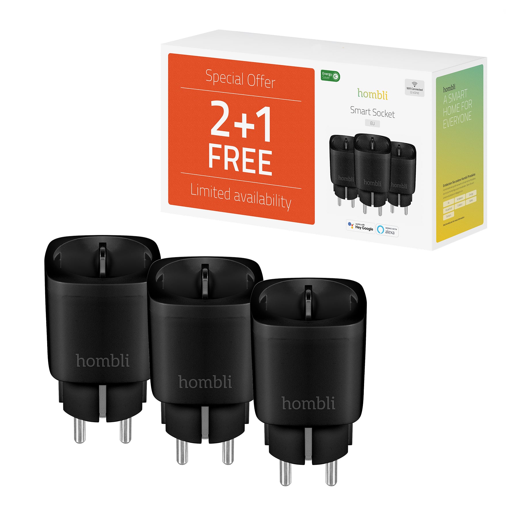 EU Smart Socket Promo Pack 2-plus-1 Schwarzer Stecker