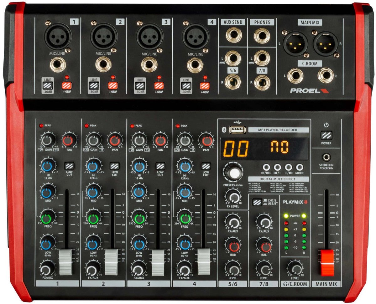 Proel PLAYMIX 8 Mixer mit Multieffekt, MP3-Player und Bluetooth