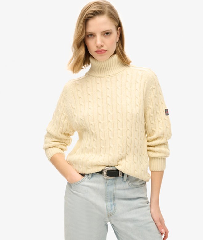 Superdry Damen Weiß Lässiger Rollkragenpullover mit Zopfmuster Gestrickt, Größe: 42