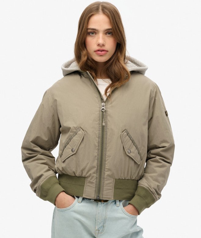Superdry Damen MA1 Bomberjacke mit Kapuze Kaki - Größe: 40