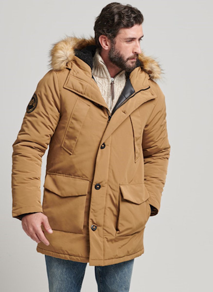Superdry Herren Everest Parka mit Kapuze und Kunstfellbesatz Braun - Größe: S