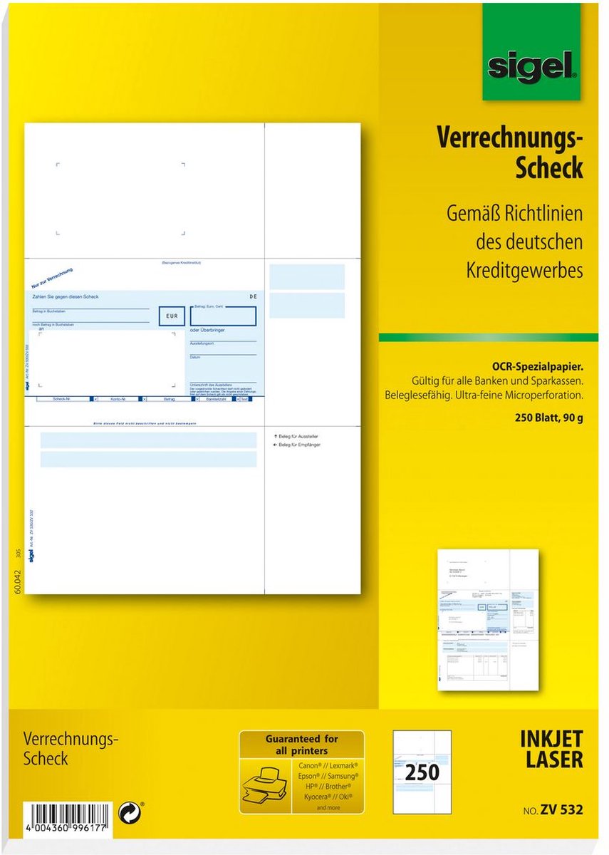 Sigel Formular Euro-Verrechnungsscheck A4 VE=250 Blatt