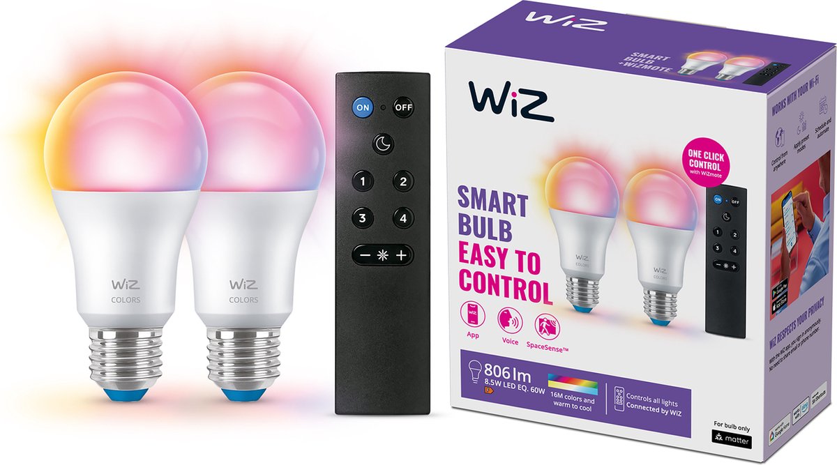 Signify WiZ White & Color 60W E27 A60 Standardform 2er +Remote Control