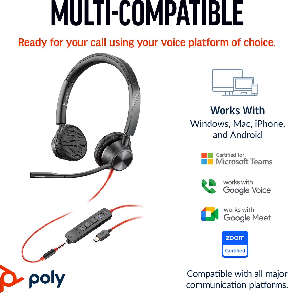 Hewlett Packard Poly Headset Blackwire C3325 Stereo USB-C/A & 3,5 mm
