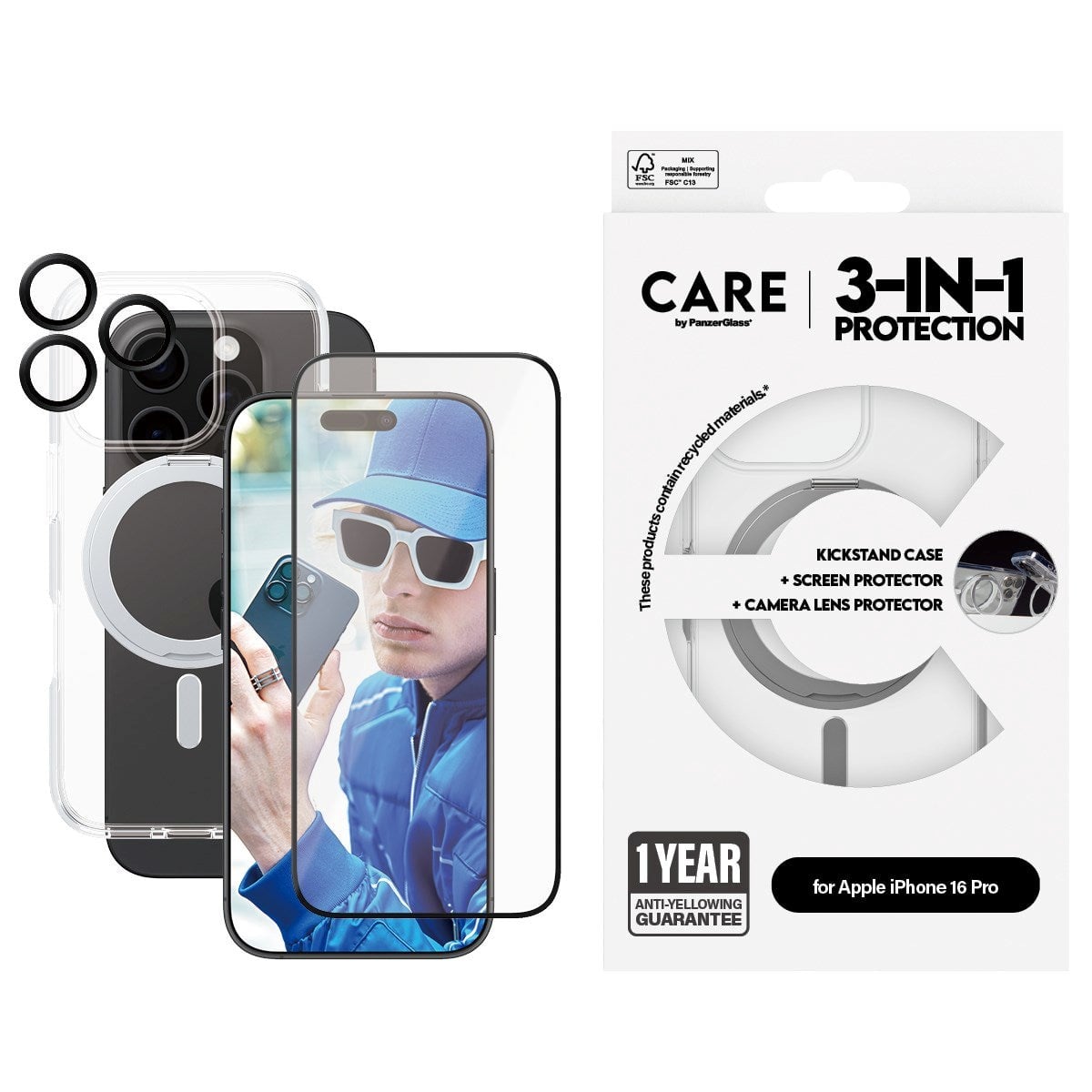 PanzerGlass CARE Feature 3-in-1 Ceramic iPhone 16 Pro