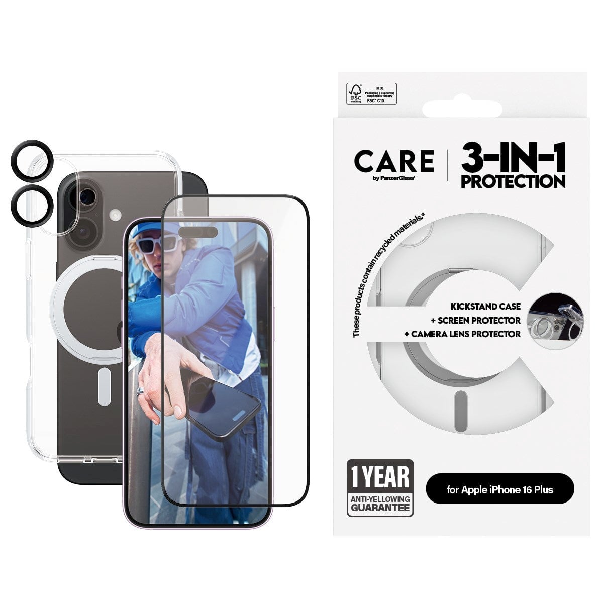 PanzerGlass CARE Feature 3-in-1 Ceramic iPhone 16 Plus