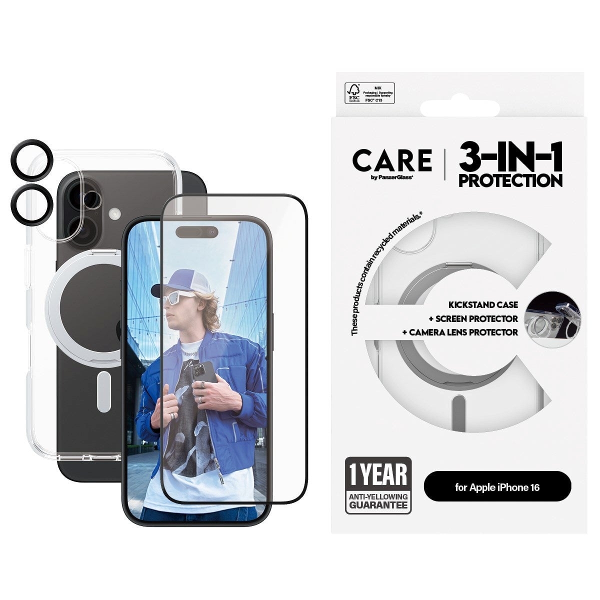 PanzerGlass CARE Feature 3-in-1 Ceramic iPhone 16