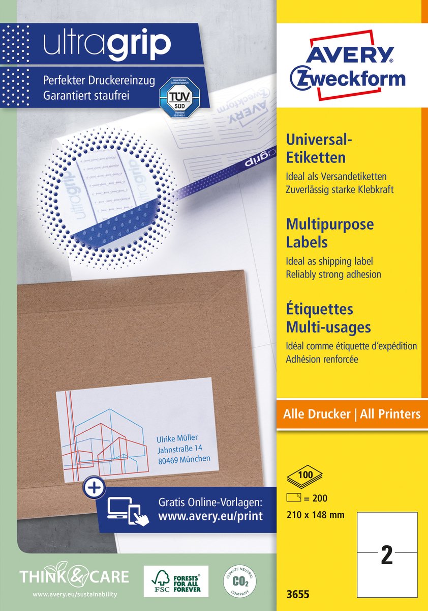 Avery Zweckform Universal-Etiketten ultragrip 210x148 mm VE=200 Etiket