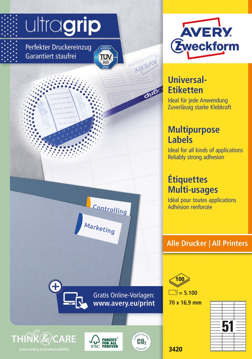Avery Zweckform Universal-Etiketten ultragrip 70x16,9 mm VE=5.100 Etik