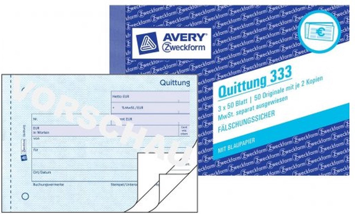 10 x Avery Zweckform Formularbuch Quittungen A6 mit MWST 3x50 Blatt