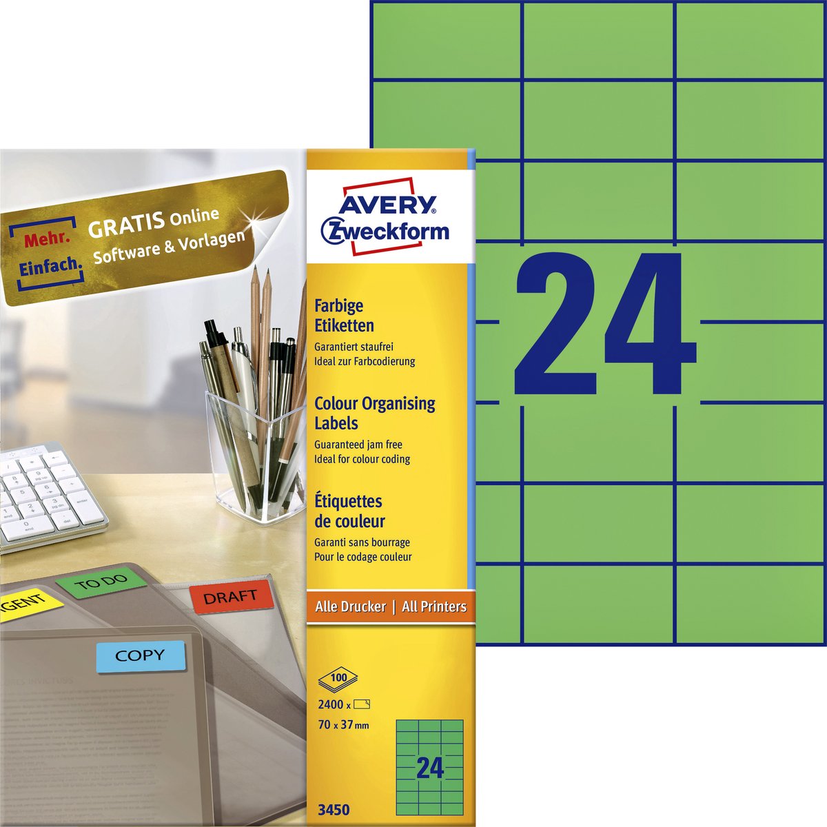 Avery Zweckform Etiketten Inkjet/Laser/Kopier 70x37mm grün VE=2400 Stü