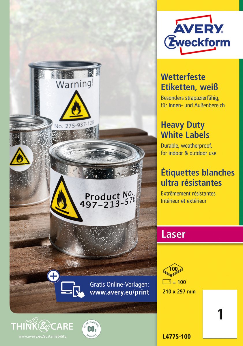 Avery Zweckform Folienetiketten wetterfest 210x297mm VE=100 Bogen/100