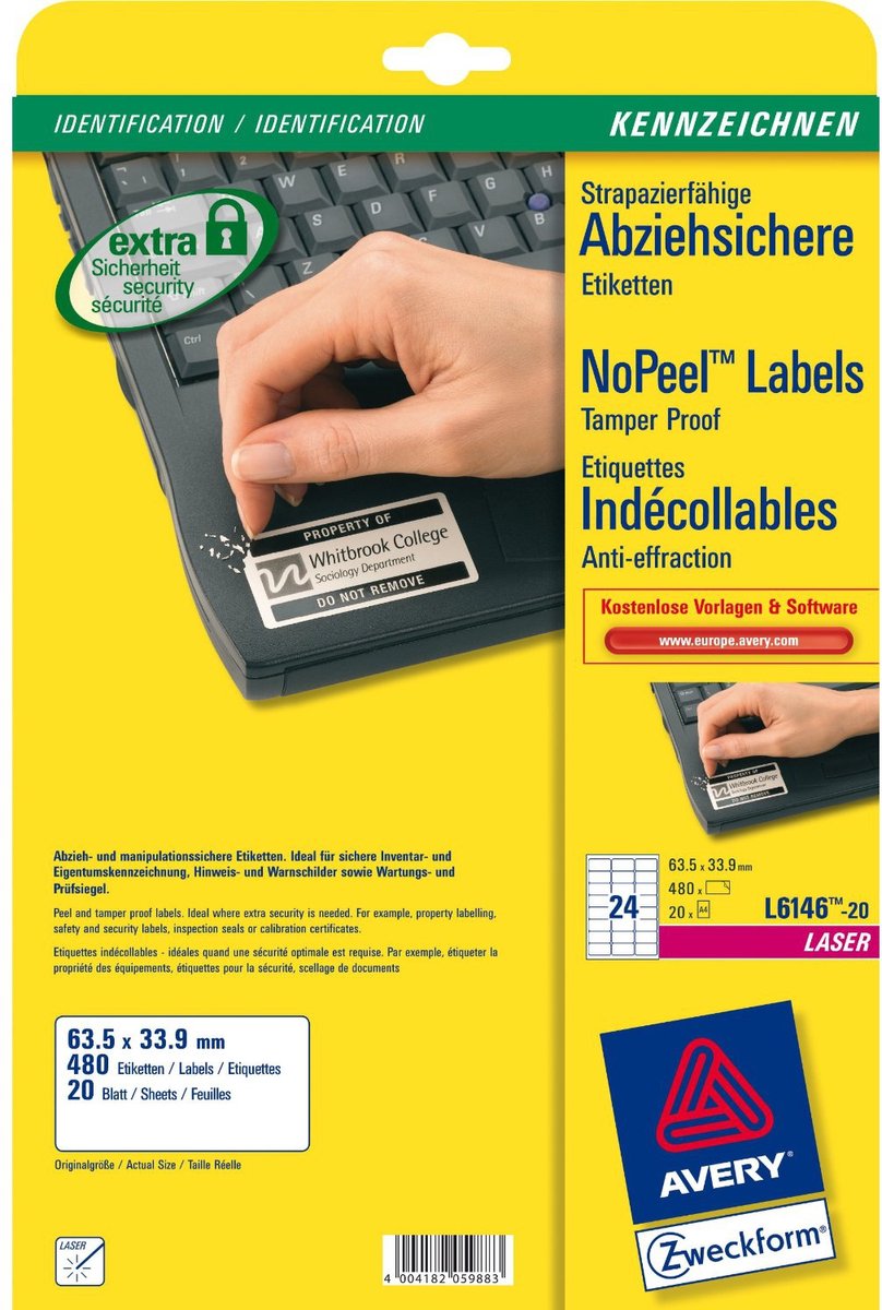 Avery Zweckform Etiketten 63,5x33,9mm abziehsicher VE=480 Stück weiß
