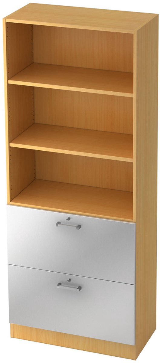 mcbuero.de Regal 5 OH 80x42x200,4cm 2HR Sockelblende Griff CE Buche/Si